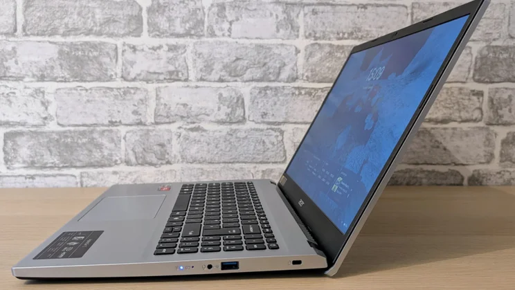 The Acer Aspire Go 15 (AG15-42P), open, pictured from the right side