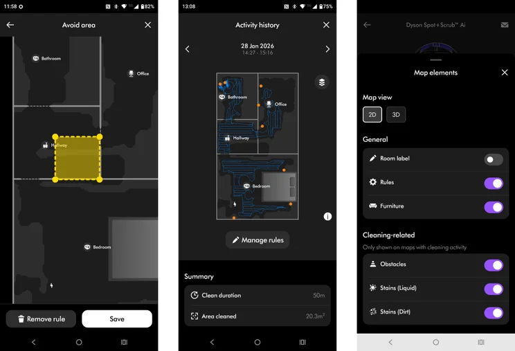 The Dyson Spot and Scrub's app - three screenshots