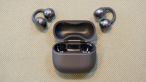 The Huawei FreeClip 2 and charging case, open