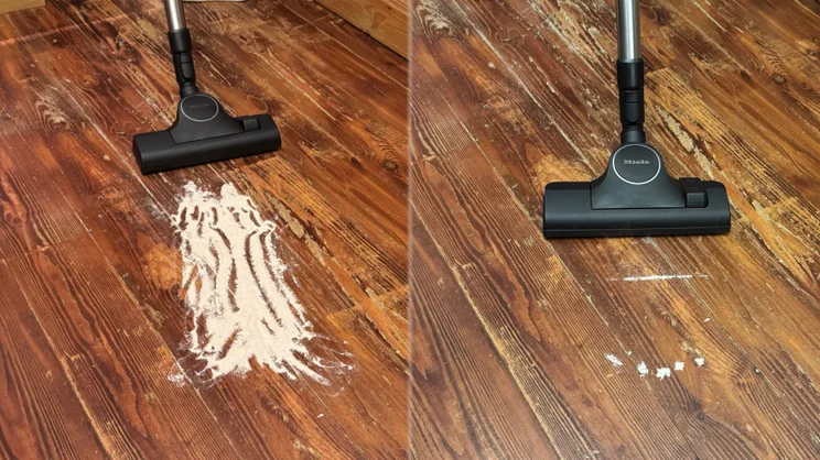 The Miele Guard L1 pictured before and after testing with flour on hard flooring