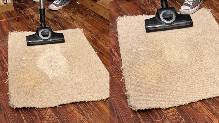 The Miele Guard L1 pictured before and after testing with flour on short pile carpet