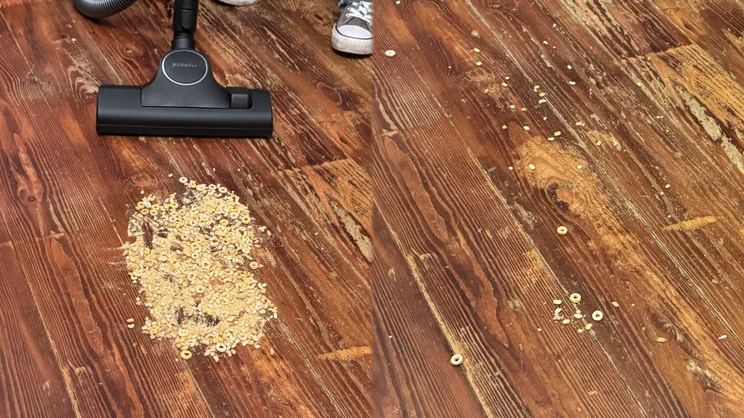 The Miele Guard L1 testing before and after with Cheerios on hard flooring