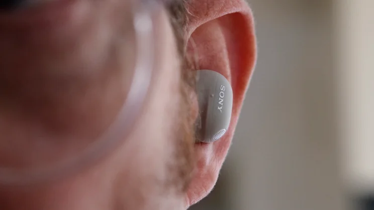 The Sony WF-1000XM6, in the ear, pictured from the front