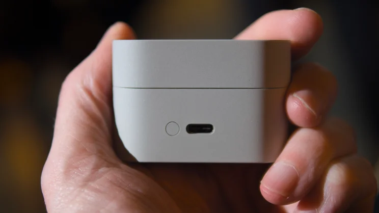 The Sony WF-1000XM6's charging case pictured from the rear