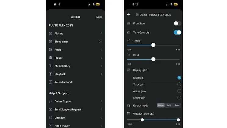 Two screenshots from the BluOS app showing the Settings and Audio Options menus