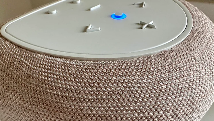Close-up of the Tan fabric speaker grill on the Bluesound Pulse Flex 2025 wireless speaker