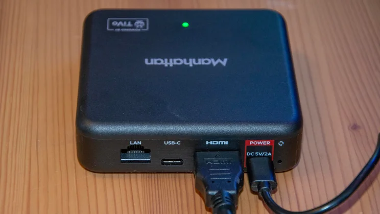 The connection ports on the rear of the Manhattan Aero 4K TV Streamer with Freely