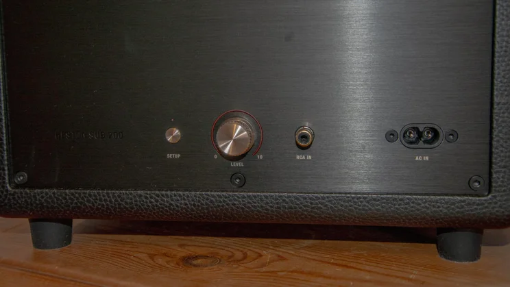 Rear view of the Marshall Heaton 200 subwoofer showing off its power input and controls