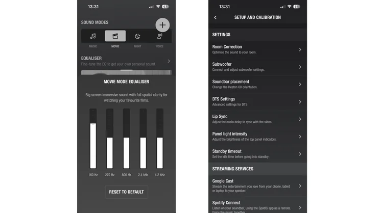 Two screenshots from the Marshall app showing the five-back equaliser and settings and calibration page