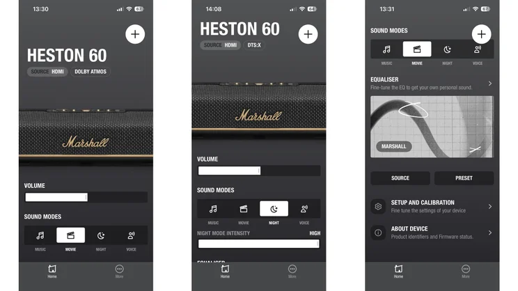 Three screenshots from the Marshall app showing the sound modes and equaliser menu
