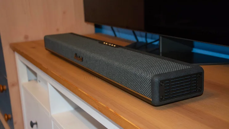 Side view of the Marshall Heston 60 soundbar showing one of its two side-firing drivers