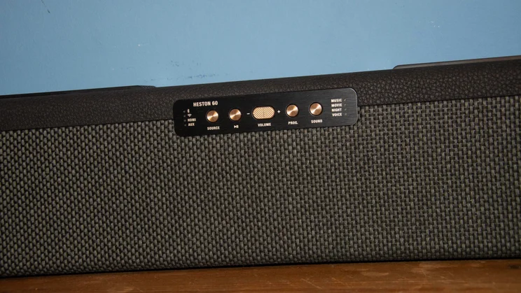 Close-up of the control buttons on the Marshall Heston 60 soundbar in wall-mount orientation