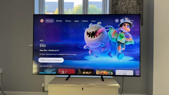 Front view of the Sony Bravia 5 Mini LED TV displaying the Google TV homepage with an advert for the film Elio
