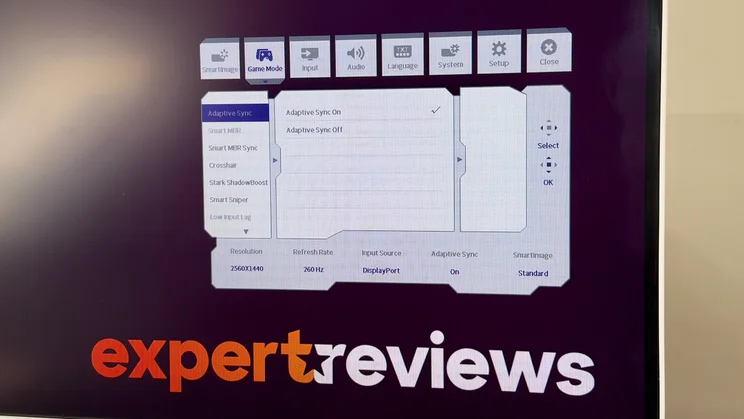A close up of the Philips Evnia 27M2N3501PA monitor's onscreen display menu system