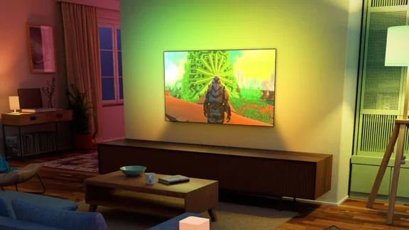 TV with AmbiLight and AmbiScape lights around the room