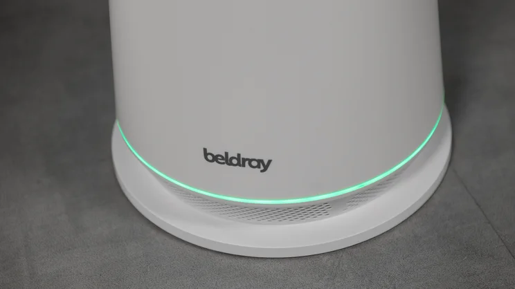 The Beldray 2-in-1 Bladeless Fan's base with green ring lit up