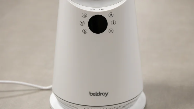 The Beldray 2-in-1 Bladeless Fan's base and control panel, viewed from the front