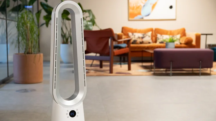 The Beldray 2-in-1 Bladeless Fan on the floor of an office