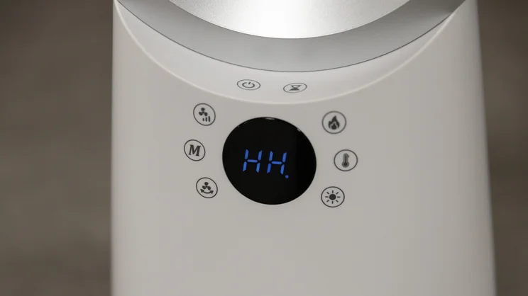 A closeup of the Beldray 2-in-1 Bladeless Fan's digital display, switched on