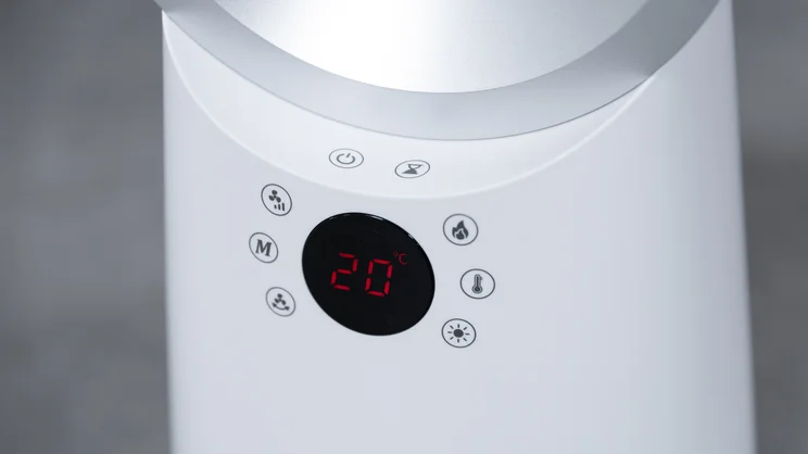 A closeup of the Beldray 2-in-1 Bladeless Fan's digital display, switched on