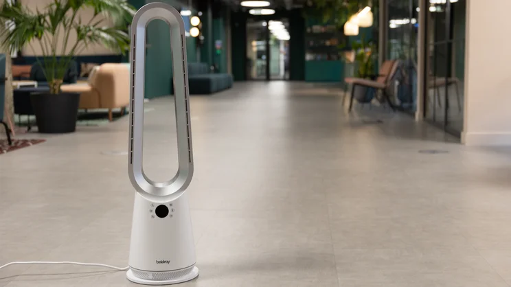 The Beldray 2-in-1 Bladeless Fan on the floor of an office