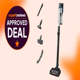 The Shark Stratos vacuum cleaner cut out on an orage background next to an Expert Reviews Approved Deal stamp to the left