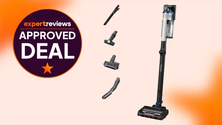 The Shark Stratos vacuum cleaner cut out on an orage background next to an Expert Reviews Approved Deal stamp to the left