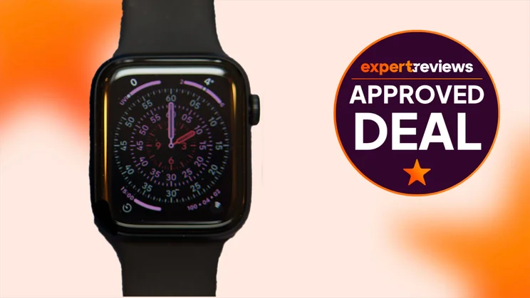 The Apple Watch SE 3 cut out against an orang background with an Expert Revies Approved Deal stamp next to it