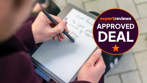 A photo of the Amazon Kindle Scribe 2022 being used with an Expert Reviews Approved Deal stamp in the top right corner