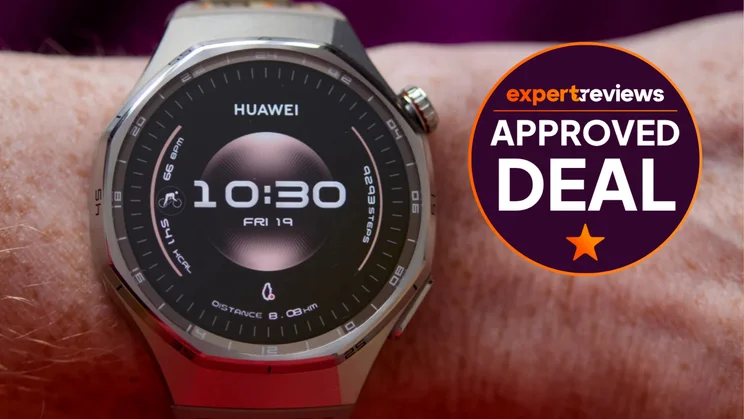 The Huawei Watch GT 6 Pro pictured on a wrist, with an Expert Reviews Approved Deal stamp to the right hand side