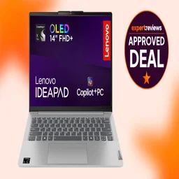 The Lenovo IdeaPad Slim 5x cut out against an orange background with stars and an approved deals stamp to the right