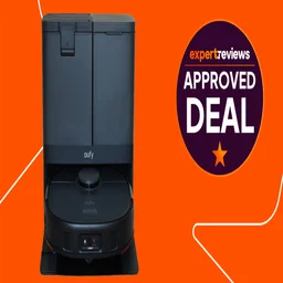 The Eufy X10 Pro Omni cut out on an orange background with an Expert Reviews Approved deal stamp to the right hand side