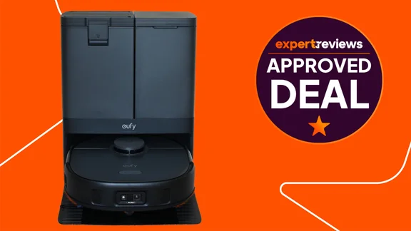 The Eufy X10 Pro Omni cut out on an orange background with an Expert Reviews Approved deal stamp to the right hand side