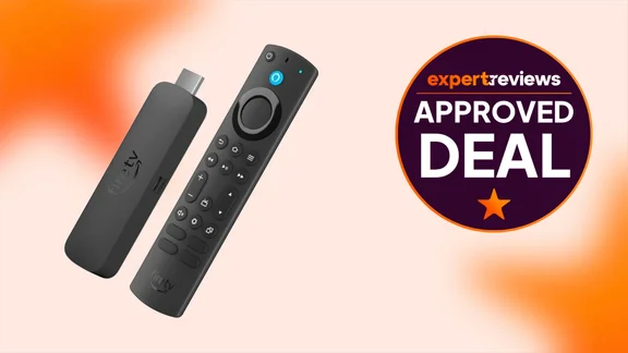 Amazon Fire TV Stick 4K Max on orange and white background with approved deal sticker
