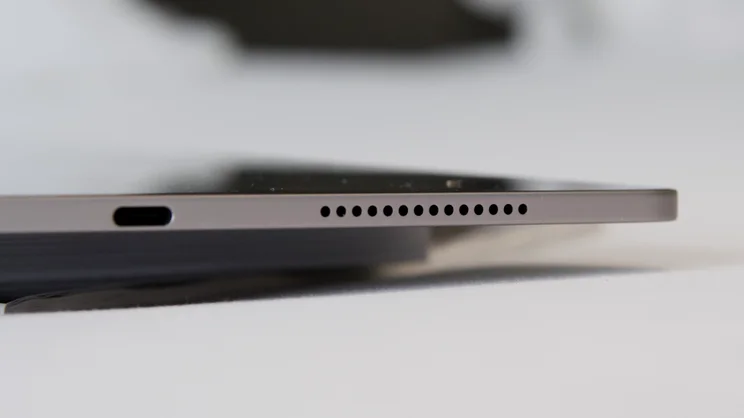 The Honor MagicPad 4 out of its case, shot from the bottom edge against a white background