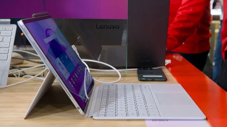 A side view of the Lenovo Idea Tab Pro Gen 2 in its keyboard case