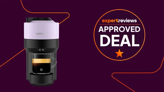 The Nespresso Vertuo Pop coffee machine on a purple background, alongside a badge reading "Expert Reviews Approved Deal"