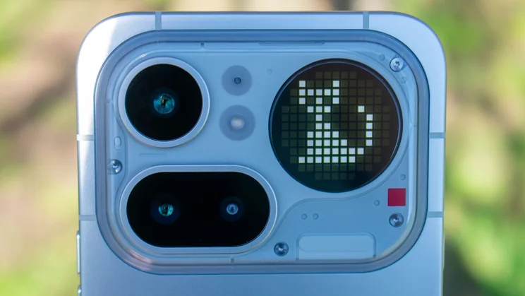 Nothing Phone (4a) Pro rear cameras and Glyph Matrix showing a cat icon