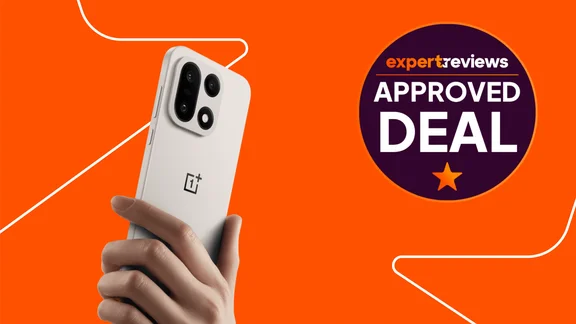 OnePlus 15 on an orange background with Expert Reviews approved deal sticker