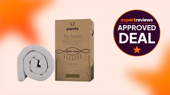 The Panda Memory Foam bamboo topper on an orange background. A badge to the right reads: Expert Reviews Approved Deal