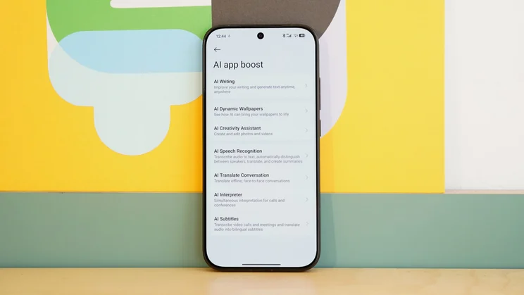 Poco X8 Pro leaning against a wall, displaying the AI settings