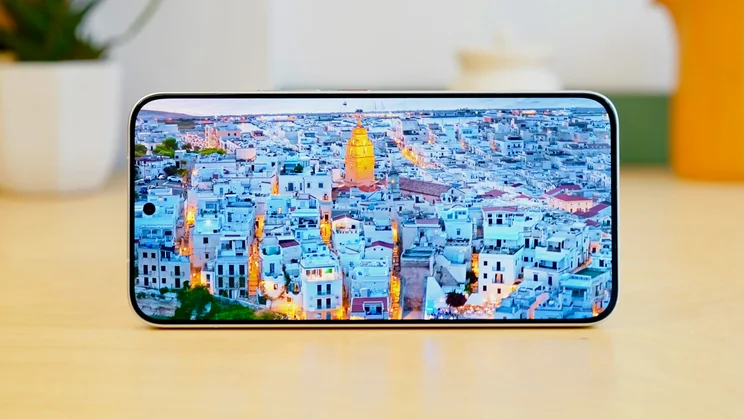 Poco X8 Pro Max in landscape orientation displaying an image of a city