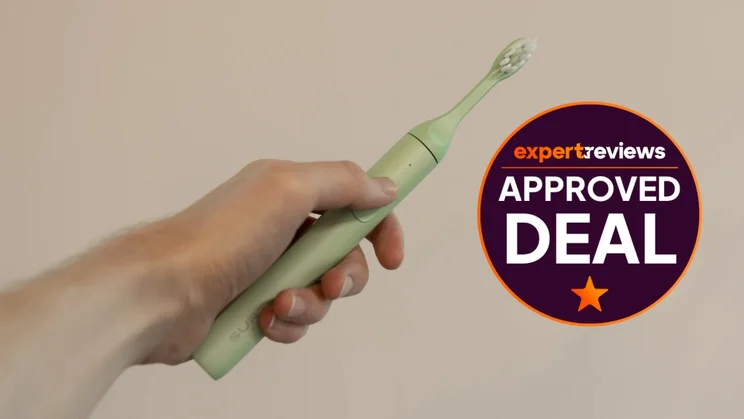 A hand holding the Suri 2.0 electric toothbrush, alongside a badge reading "Expert Reviews Approved Deal"