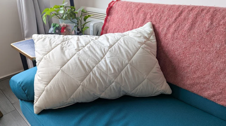 The Woolroom Deluxe Washable Wool pillow propped up on a teal sofa