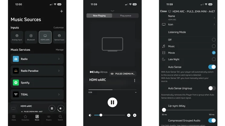 Three screenshots from the BluOS app showing the Music Sources, Now Playing and Settings menus