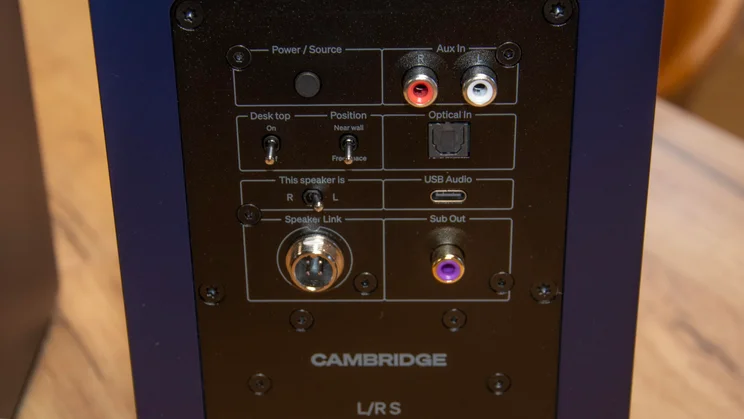 Close-up of the connection ports on the rear of one of the Cambridge Audio L/R S active speakers