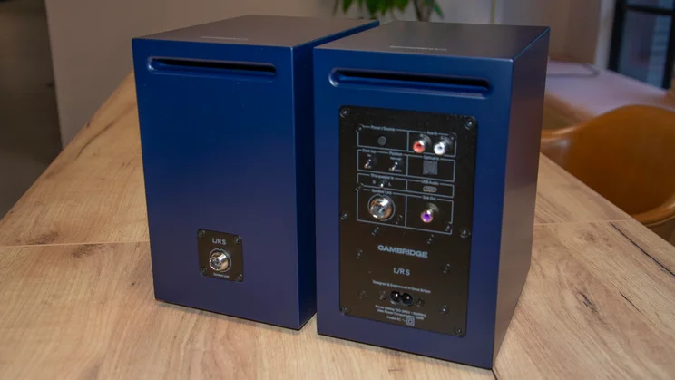 Rear view of the Cambridge Audio L/R S active speakers side-by-side