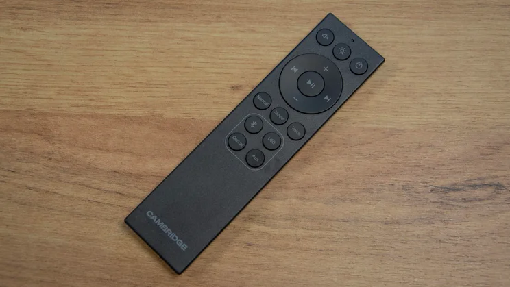 The remote control supplied with the Cambridge Audio L/R S active speakers