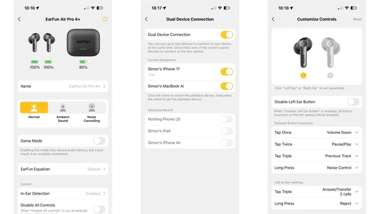 Three screenshots from the EarFun companion app used by the EarFun Air Pro 4+ wireless earbuds
