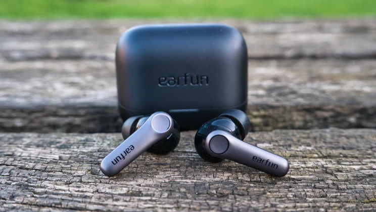 The EarFun Air Pro 4+ wireless earbuds outside of their charging case